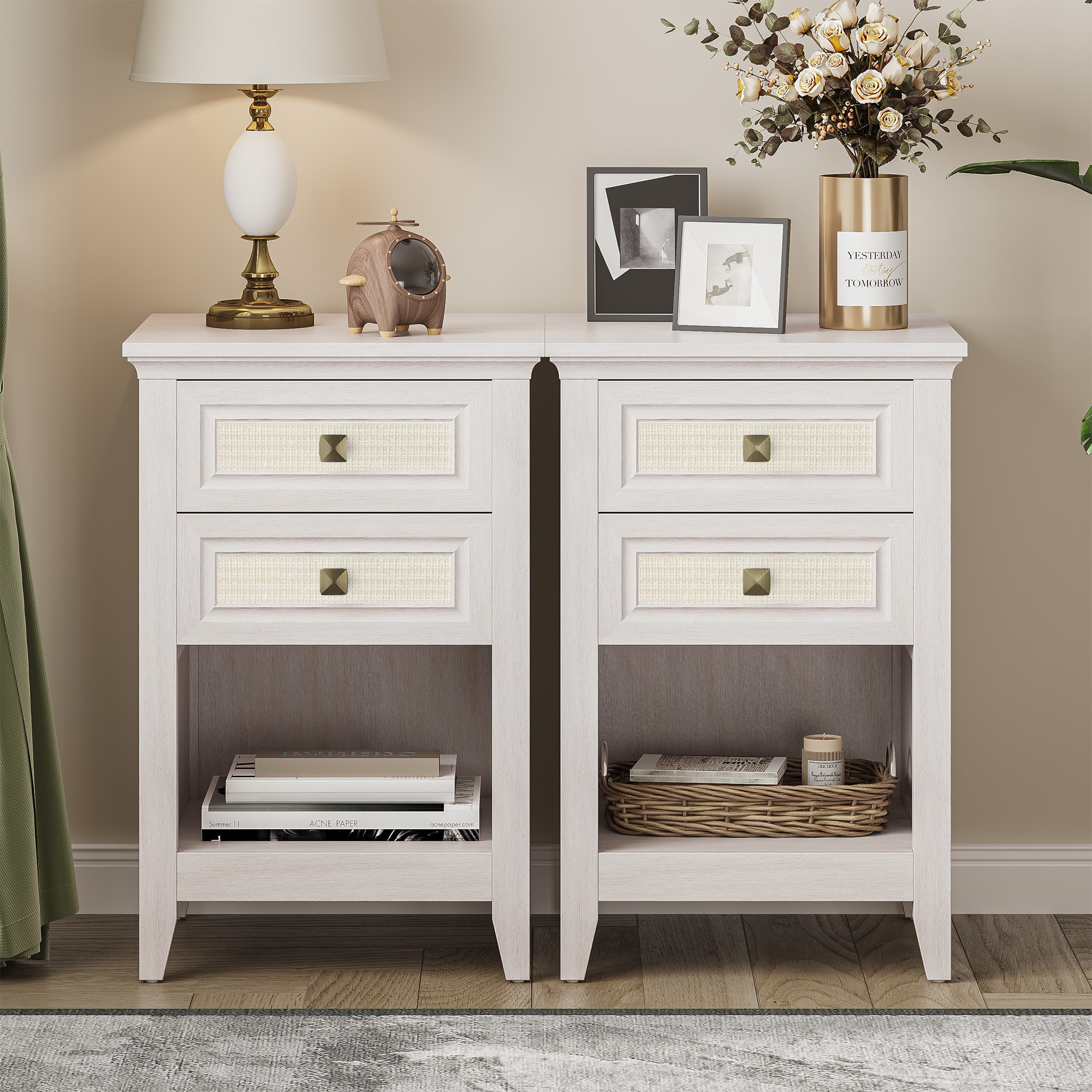Grayish White Rattan Nightstand With Drawer Set Of 2, Boho 27" Tall Bedside Table With Storage For Small Space, Living Room Wood Accent End Table Bedroom Furniture, Couch Coffee Table_voghion.com